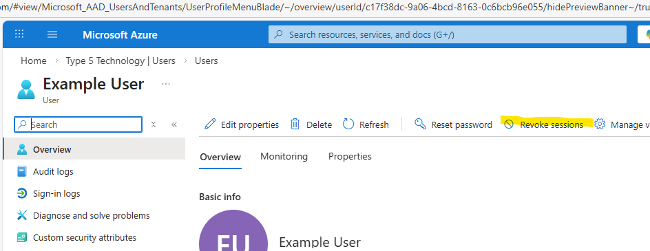 Revoke Sessions button in Microsoft Entra ID